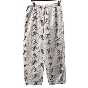 Garnet Hill Ski Print Pajama Pants Small White Flannel Apres Ski Lodge Retro